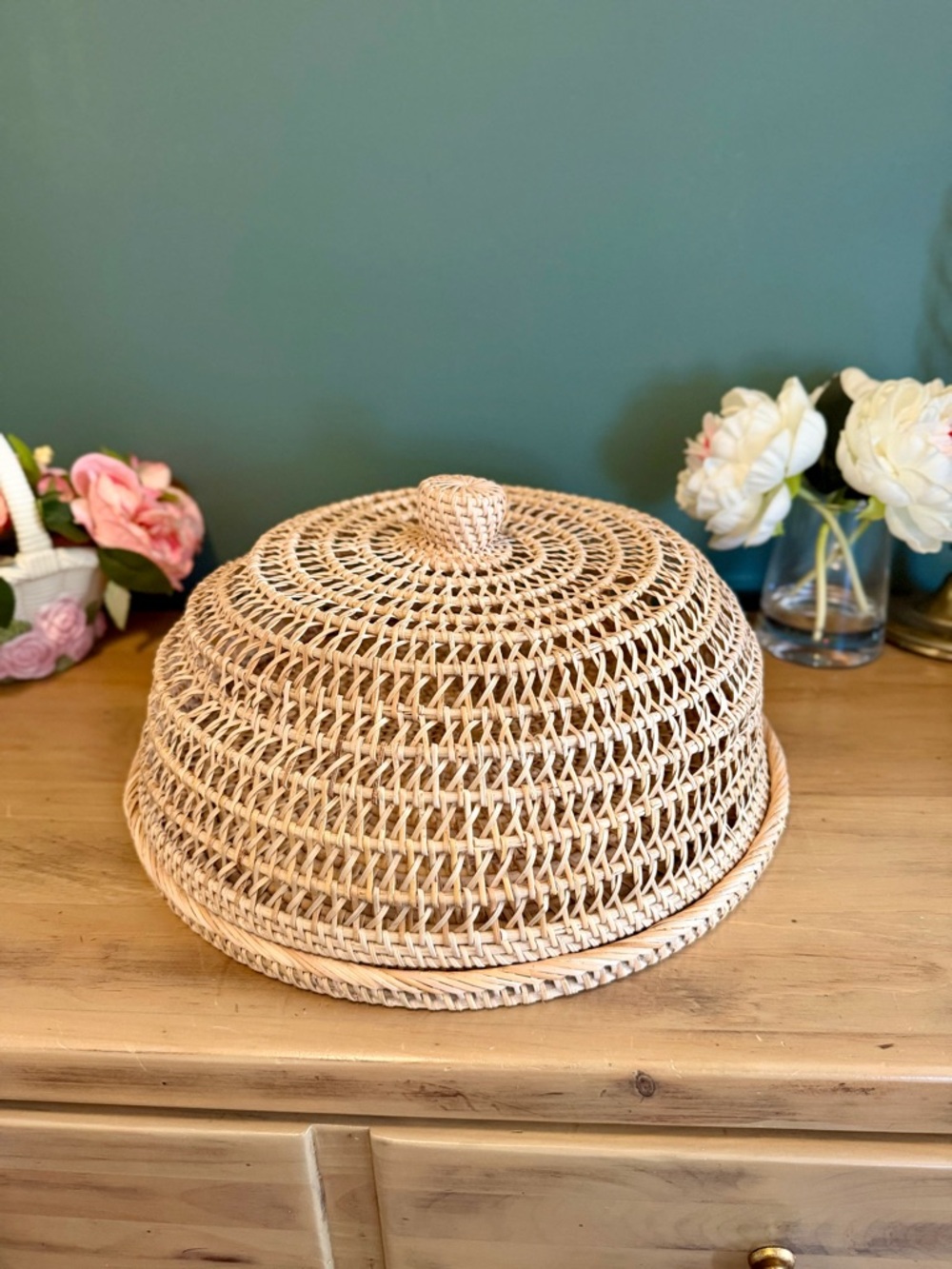 Vintage Rattan Food Cover Dome w Tray Boho Coastal Entertaining